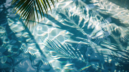 Wall Mural - Tropical leaf shadow on water surface. Shadow of palm leaves on blue water. Beautiful abstract background concept banner for summer vacation at the beach