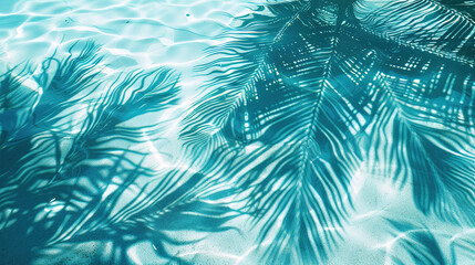 Wall Mural - Tropical leaf shadow on water surface. Shadow of palm leaves on blue water. Beautiful abstract background concept banner for summer vacation at the beach