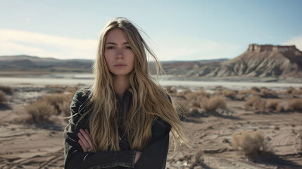 Canvas Print - a long blonde haired female topmodel , standing in an empty landscape, facing the camera 