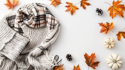 Autumn themed flat lay with sweater plaid leaves on white backdrop