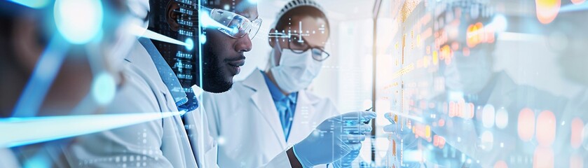 Documentary style image of a group of scientists working on clinical trial data, intense discussion, charts and graphs in the background, dynamic lab scene