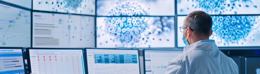 Poster - Documentary style image of data scientists analyzing clinical trial data, collaborative effort, multiple screens with complex data, innovative lab setting