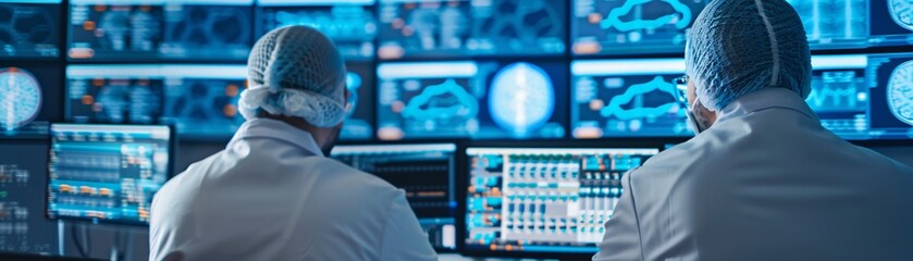 Poster - Documentary style image of data scientists analyzing clinical trial data, collaborative effort, multiple screens with complex data, innovative lab setting