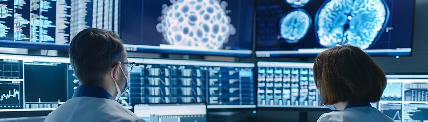 Poster - Documentary style image of data scientists analyzing clinical trial data, collaborative effort, multiple screens with complex data, innovative lab setting