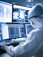 Poster - documentary style image of a scientist inputting clinical trial data into a computer, multiple scree