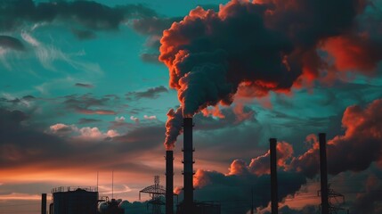 sunset view of smokestacks against cloudy sky