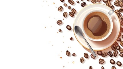 Canvas Print - Various Hot Drinks Coffee Theme Banner with Beans and Cup on White Background