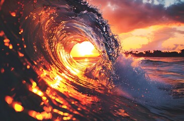 Canvas Print - Sunset Ocean Wave with Golden Light