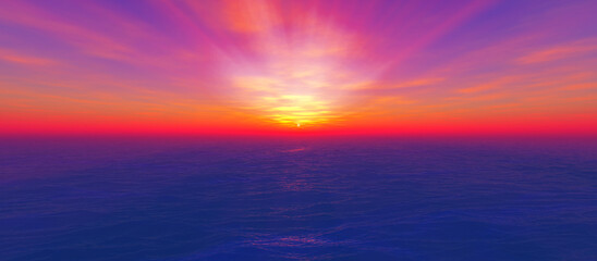 Wall Mural - sunset calmly sea sun ray 3d render illustration