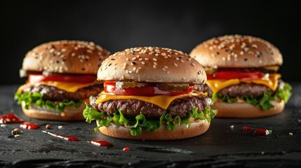 Canvas Print - Burgers with beef cheese and veggies on black background