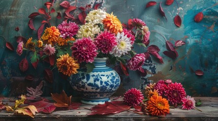 Canvas Print - Vivid chrysanthemums arranged on vintage table