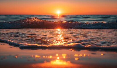 Wall Mural - beautiful sunset over the ocean with sand and waves on the beach, landscape photography, scenic