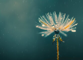 Sticker - Delicate Dandelion Seed With Raindrops On Teal Background