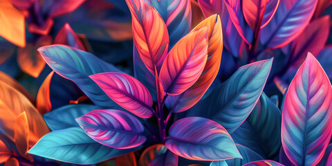 Sticker - Vibrant and colorful abstract leaves with a neon glow effect, creating a dynamic and visually striking image.
