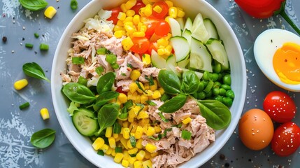 Sticker - Top view of white bowl with tuna salad egg veggies and corn