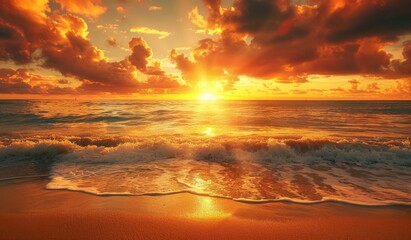 Wall Mural - beautiful sunset over the ocean with sand and waves on the beach, landscape photography, scenic