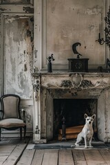 Wall Mural - White dog on the background of an old fireplace and an armchair