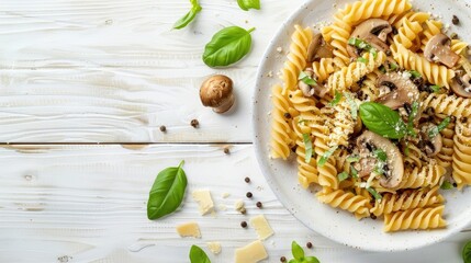 Wall Mural - Fusilli pasta with mushrooms cheese and basil on white wooden surface