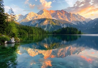 Sticker - Sunrise Reflection on Eibsee Lake with Mountain Peaks