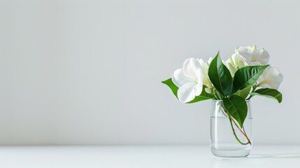 Wall Mural - selective focus on white flower in small glass pot on white table with text space