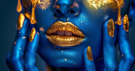 Close-up of a woman with blue skin and golden lips covered in dripping paint