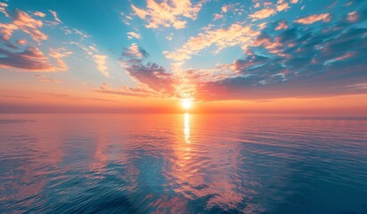 Wall Mural - beautiful sunset over the ocean with a blue sky, scenic view, calm seawater, drone aerial shot