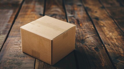 Poster - Empty brown box on wooden surface for displayillusion