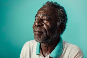 Wall Mural - Portrait of a tender afro-american man in his 70s wearing a breathable golf polo in pastel teal background