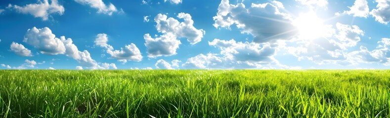 Poster - Serene Green Grass Field Under Blue Sky