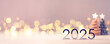© Anna - Metal numbers 2025 on a white table with Christmas trees and bokeh lights. Happy New Year 2025 is coming concept.