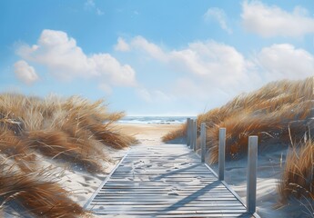 Canvas Print - Wooden Walkway Leading to Dutch Beach with Dunes