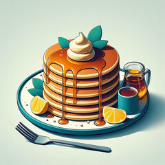 Canvas Print - A stack of syrup-drenched pancakes topped with whipped cream, lemon slices, and mint leaves