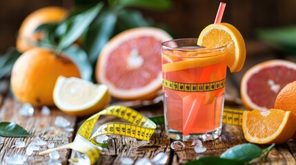 Wall Mural - Citrus fruit weight loss beverage with measuring tape in glass with straw