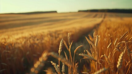 Sticker - Rustic countryside field with wheat spikelets harvest in a close up summer view Agriculture and rural landscape concept