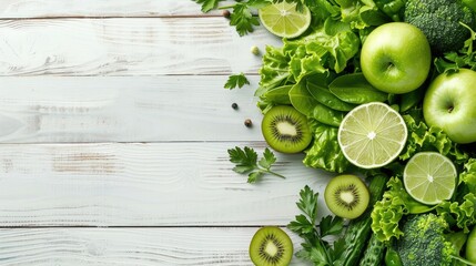 Wall Mural - Assorted green vegetables and fruits on white wooden background