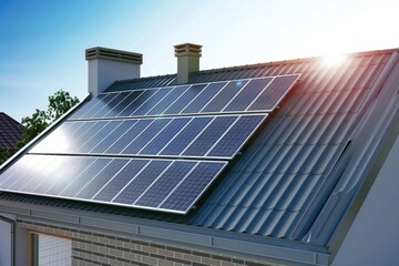 Wall Mural - Solar panels on a roof under a blue sky, harnessing sunlight to generate clean energy.generative ai