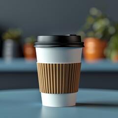 Sticker - There is a disposable paper cup for hot drink on the table for business branding. light background