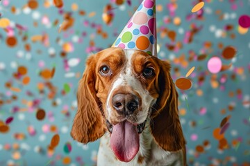 Poster - a joyful cute Basset Hound dog wearing a colorful birthday hat, with a tongue out in a happy expression, against a pastel blue background scattered with multi-colored confetti. 