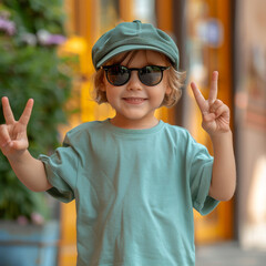 Wall Mural -  Blank green t-shirt mockup toddler boy standing, fingers showing peace sign, fashion clothes, black sunglasses, cap, smile, happy, funny, outdoor summer mockup 