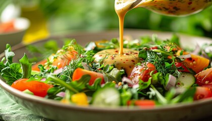 Poster -  Pouring Dressing on Garden Salad on a light green cloth and light blur background 