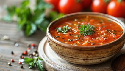 Poster -  Traditional Hungarian tomato soup goulash on white wooden table 