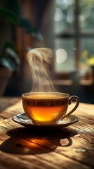 Poster - a cup of hot tea on a wood table