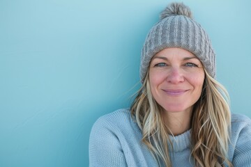 Wall Mural - Portrait of a happy caucasian woman in her 40s sporting a trendy beanie in front of soft blue background