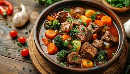 Wall Mural -  Bowl of tasty beef stew and fresh vegetables on wooden kitchen table 