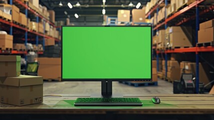 An interior shot of an inventory manager's desk and personal computer with an open spreadsheet. In the background are shelves full of cardboard boxes waiting for shipment.