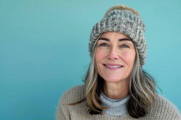 Wall Mural - Portrait of a happy caucasian woman in her 40s sporting a trendy beanie isolated in soft blue background