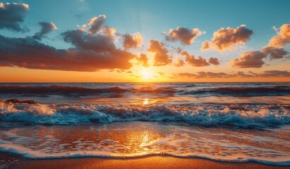 Wall Mural - beautiful sunset over the ocean with sand and waves on the beach, landscape photography, scenic