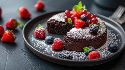 Wall Mural - Chocolate cake with berries powdered sugar and mint on a plate