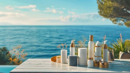 Poster - Display of various sun protection body cream bottles on a table overlooking the ocean Room for customization