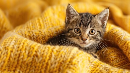 Poster - Adorable kitten on cozy yellow blanket with space for text